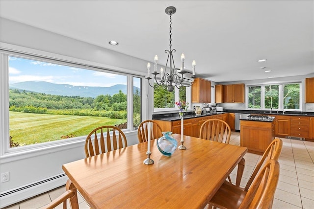 188 Foster Farm Rd, Stowe, VT 05672 - dining room with a baseboard radiator, light tile patterned flooring, plenty of natural light, a chandelier, and recessed lighting