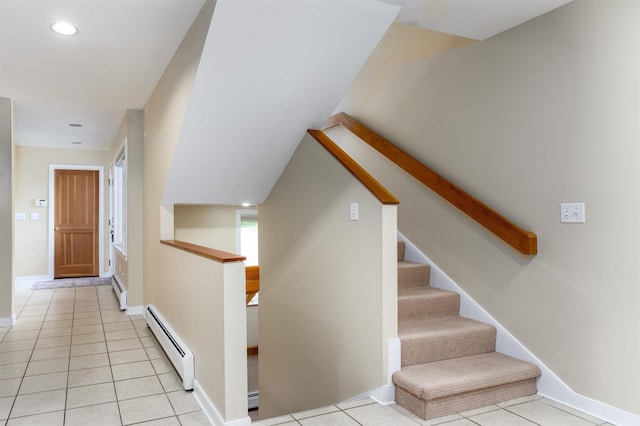 188 Foster Farm Rd, Stowe, VT 05672 - stairway with a baseboard radiator, tile patterned floors, baseboards, and recessed lighting