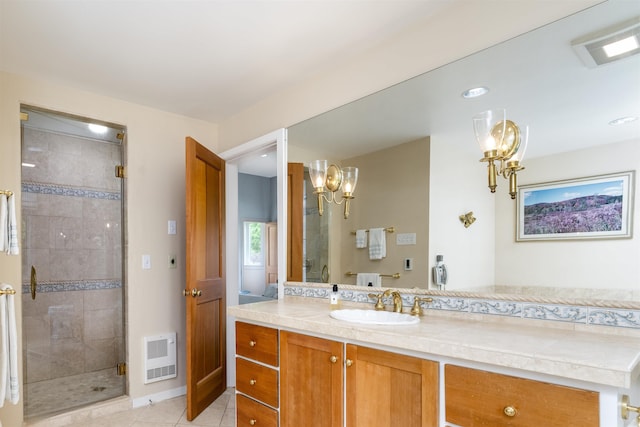 188 Foster Farm Rd, Stowe, VT 05672 - bathroom featuring heating unit, vanity, a stall shower, tile patterned floors, and a chandelier