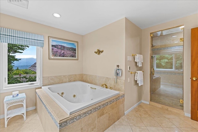 188 Foster Farm Rd, Stowe, VT 05672 - bathroom featuring tile patterned floors, a jetted tub, a stall shower, baseboards, and recessed lighting