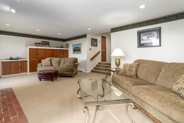 188 Foster Farm Rd, Stowe, VT 05672 - carpeted living area with stairs, recessed lighting, ornamental molding, and baseboard heating