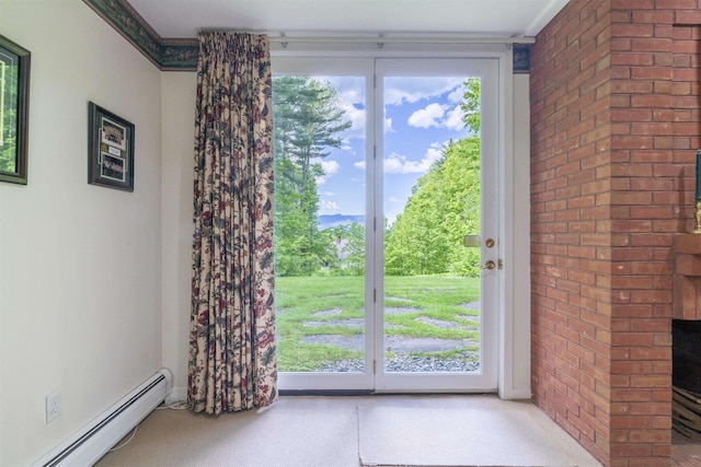 188 Foster Farm Rd, Stowe, VT 05672 - doorway featuring a baseboard heating unit and a fireplace
