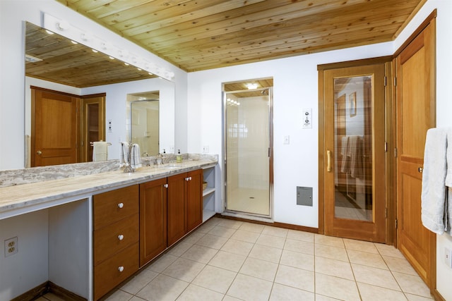 188 Foster Farm Rd, Stowe, VT 05672 - bathroom featuring wooden ceiling, vanity, a stall shower, tile patterned floors, and baseboards