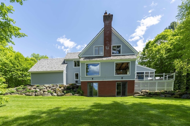 188 Foster Farm Rd, Stowe, VT 05672 - rear view of property with a yard, a chimney, and a sunroom