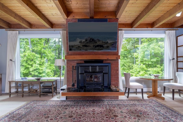 188 Foster Farm Rd, Stowe, VT 05672 - living area featuring a wood stove, wooden ceiling with exposed beams, plenty of natural light, a baseboard heating unit, and wood finished floors