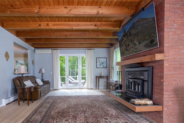 188 Foster Farm Rd, Stowe, VT 05672 - living area featuring wooden ceiling with exposed beams, wood finished floors, a baseboard heating unit, baseboards, and a wall mounted AC