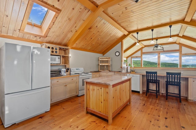 151 Brock Hill Rd, Bridgewater, NH 03222 - kitchen featuring white appliances, a skylight, light wood-type flooring, wooden ceiling, and open shelves