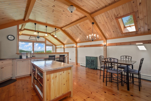 151 Brock Hill Rd, Bridgewater, NH 03222 - kitchen featuring light wood-type flooring, a kitchen island, a skylight, a baseboard heating unit, and pendant lighting