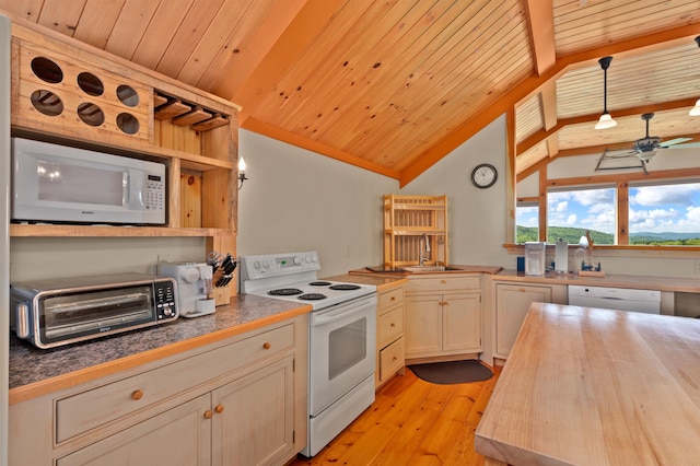 151 Brock Hill Rd, Bridgewater, NH 03222 - kitchen with white appliances, vaulted ceiling, a sink, light wood-type flooring, and wooden ceiling