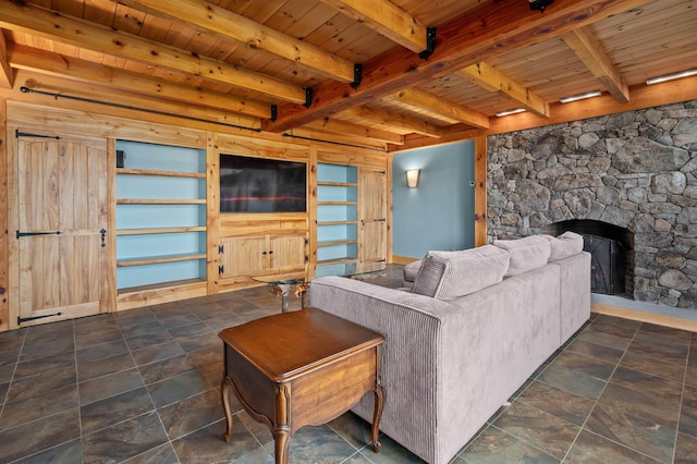 151 Brock Hill Rd, Bridgewater, NH 03222 - living area featuring wood ceiling with exposed beams and a fireplace