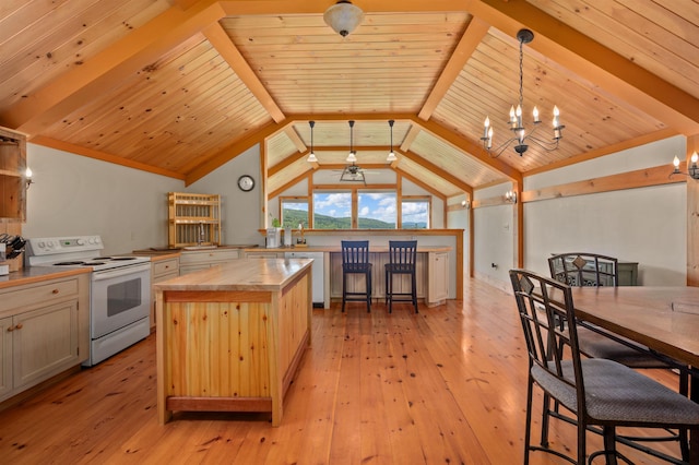 151 Brock Hill Rd, Bridgewater, NH 03222 - kitchen featuring white range with electric stovetop, butcher block countertops, a chandelier, light wood-style floors, and a kitchen island