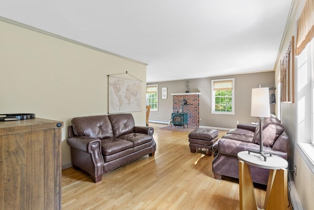 12 Old Fort Ln, Dunbarton, NH 03046 - living room with a wood stove, light wood-style floors, ornamental molding, baseboards, and a baseboard radiator