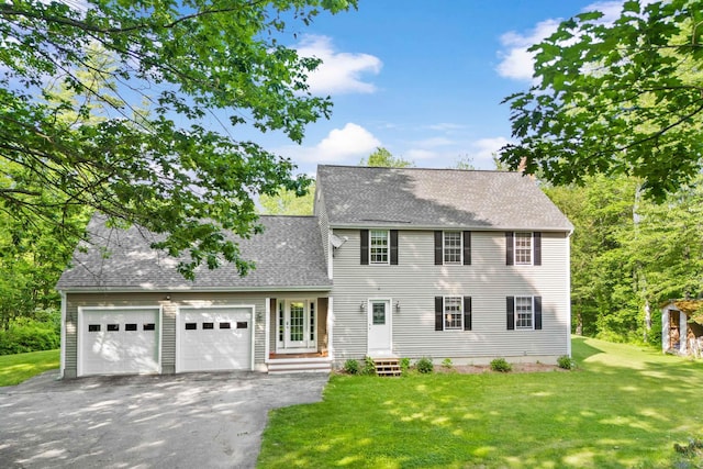 12 Old Fort Ln, Dunbarton, NH 03046 - colonial home with asphalt driveway, roof with shingles, a front yard, a garage, and entry steps