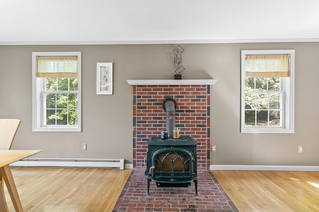 12 Old Fort Ln, Dunbarton, NH 03046 - detailed view of a baseboard radiator, a wood stove, wood finished floors, crown molding, and baseboards