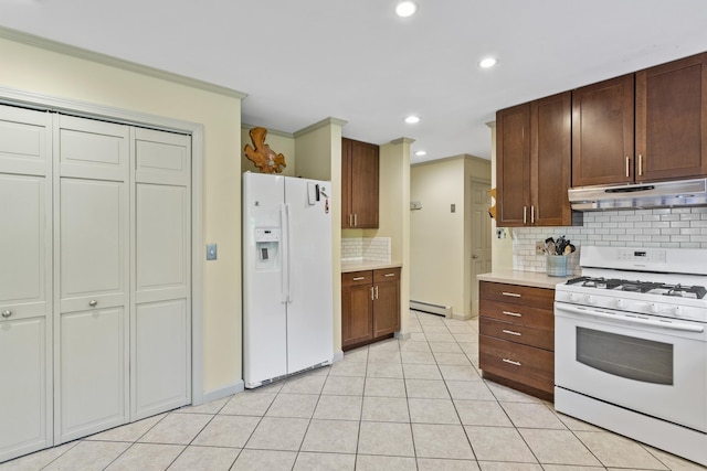 12 Old Fort Ln, Dunbarton, NH 03046 - kitchen with white appliances, under cabinet range hood, a baseboard heating unit, decorative backsplash, and light countertops
