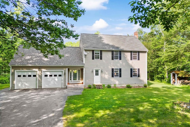 12 Old Fort Ln, Dunbarton, NH 03046 - colonial inspired home featuring driveway, a shingled roof, a chimney, an attached garage, and a front yard