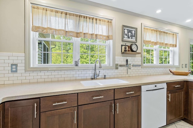 12 Old Fort Ln, Dunbarton, NH 03046 - kitchen featuring white dishwasher, a sink, ornamental molding, light countertops, and decorative backsplash