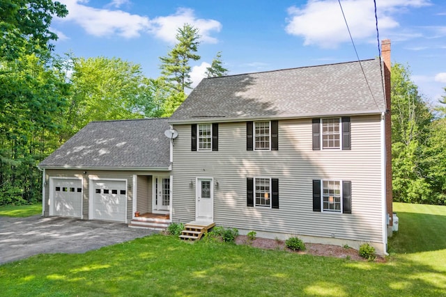 12 Old Fort Ln, Dunbarton, NH 03046 - colonial home with a chimney, a shingled roof, driveway, a garage, and a front yard