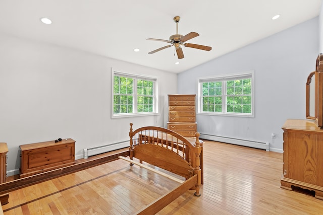 12 Old Fort Ln, Dunbarton, NH 03046 - bedroom featuring baseboard heating, light wood-type flooring, lofted ceiling, recessed lighting, and a ceiling fan