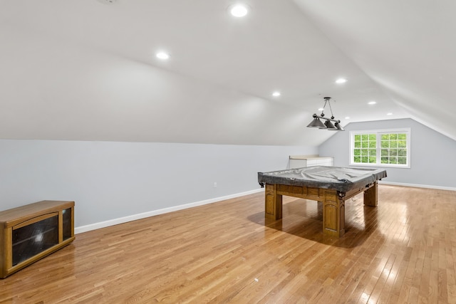 12 Old Fort Ln, Dunbarton, NH 03046 - playroom with light wood finished floors, pool table, lofted ceiling, baseboards, and recessed lighting