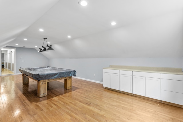 12 Old Fort Ln, Dunbarton, NH 03046 - rec room featuring light wood-style floors, billiards table, vaulted ceiling, baseboards, and recessed lighting
