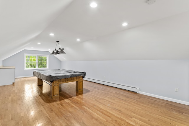 12 Old Fort Ln, Dunbarton, NH 03046 - recreation room featuring a baseboard heating unit, billiards table, light wood-style flooring, vaulted ceiling, and baseboards