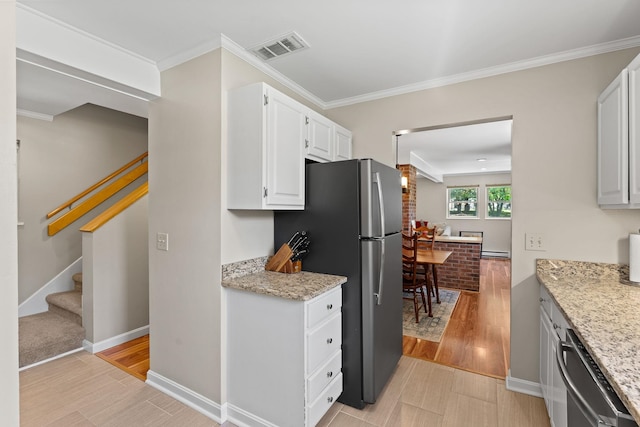 14 Hideaway Ln, Williston, VT 05495 - kitchen featuring appliances with stainless steel finishes, light wood-type flooring, white cabinetry, light stone countertops, and ornamental molding