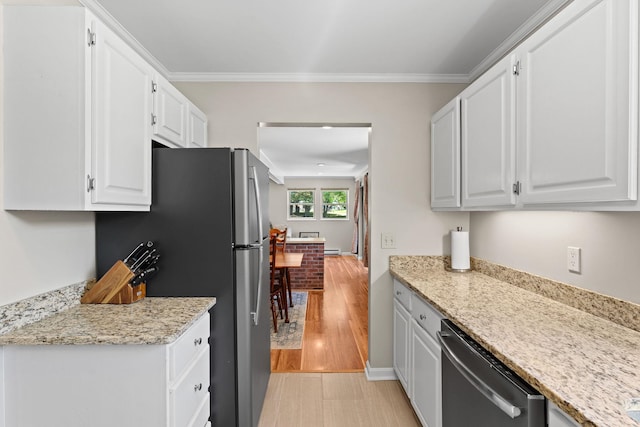 14 Hideaway Ln, Williston, VT 05495 - kitchen with dishwasher, white cabinets, ornamental molding, light wood finished floors, and light stone counters