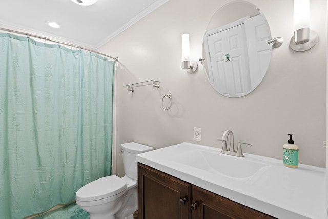 14 Hideaway Ln, Williston, VT 05495 - bathroom with toilet, vanity, ornamental molding, and curtained shower