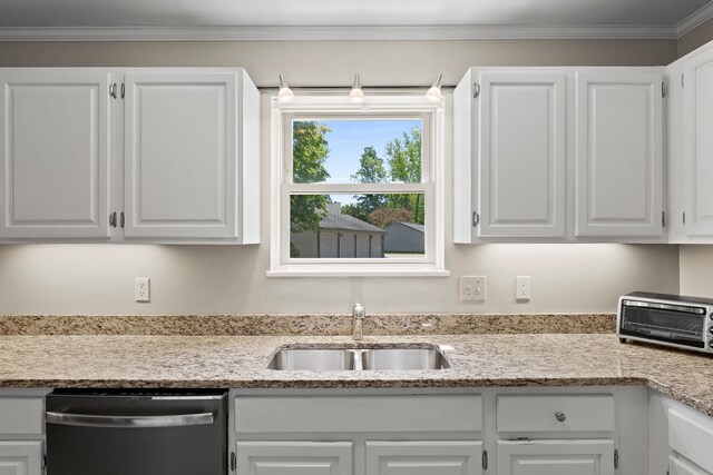14 Hideaway Ln, Williston, VT 05495 - kitchen with stainless steel dishwasher, a sink, white cabinetry, and crown molding