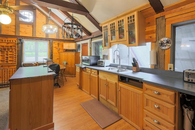 594 Suncook Valley Rd, Alton, NH 03809 - kitchen featuring stainless steel microwave, a sink, plenty of natural light, light wood-style flooring, and wooden walls