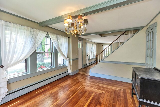 3 Foundry St, Amherst, NH 03031 - unfurnished living room featuring a baseboard radiator, a chandelier, stairway, a baseboard heating unit, and a wood stove