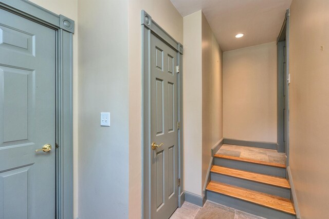 3 Foundry St, Amherst, NH 03031 - corridor featuring baseboards, recessed lighting, and stairway