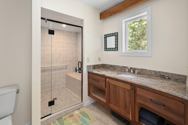 1065 Center Fayston Rd, Fayston, VT 05660 - full bathroom featuring toilet, a shower stall, and vanity