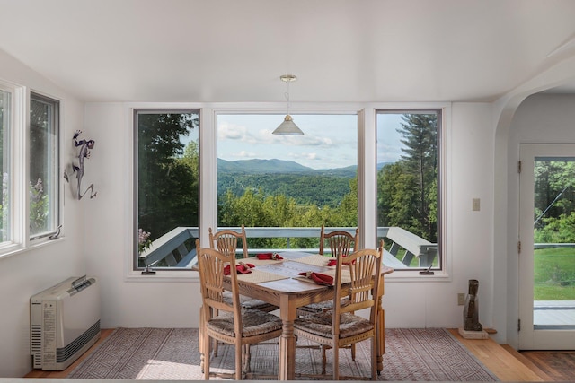 1065 Center Fayston Rd, Fayston, VT 05660 - dining room featuring arched walkways, light wood-type flooring, and heating unit