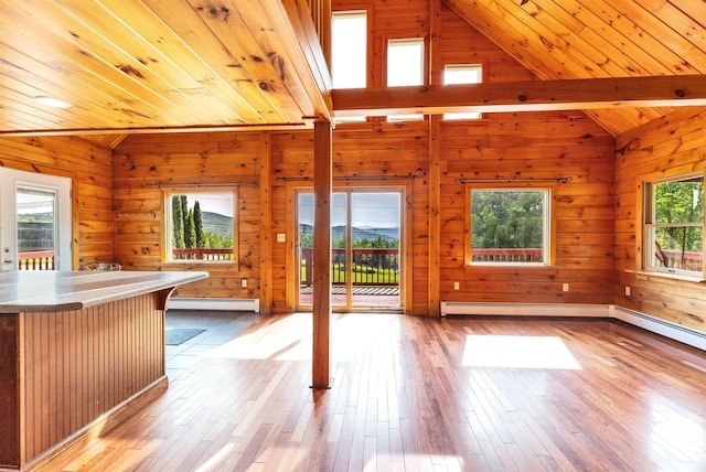 201 Deering Center Rd, Deering, NH 03244 - unfurnished living room with baseboard heating, wood ceiling, wood-type flooring, and wood walls