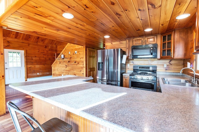 201 Deering Center Rd, Deering, NH 03244 - kitchen featuring stainless steel appliances, a sink, wooden ceiling, light wood-style flooring, and recessed lighting