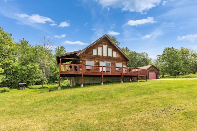201 Deering Center Rd, Deering, NH 03244 - rear view of house featuring log siding, a yard, a wooden deck, and a garage