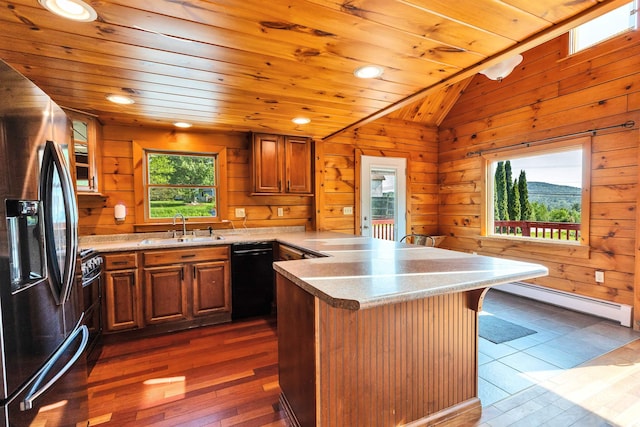 201 Deering Center Rd, Deering, NH 03244 - kitchen with a sink, refrigerator with ice dispenser, a peninsula, baseboard heating, and wooden ceiling