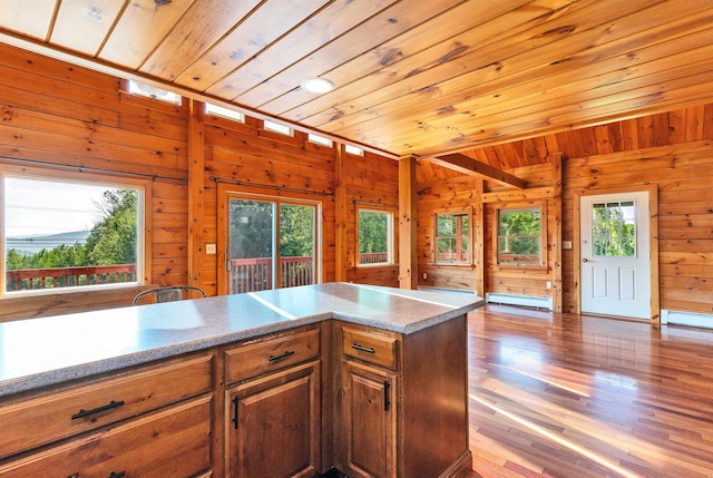 201 Deering Center Rd, Deering, NH 03244 - kitchen featuring healthy amount of natural light, wooden ceiling, wooden walls, a baseboard radiator, and wood finished floors