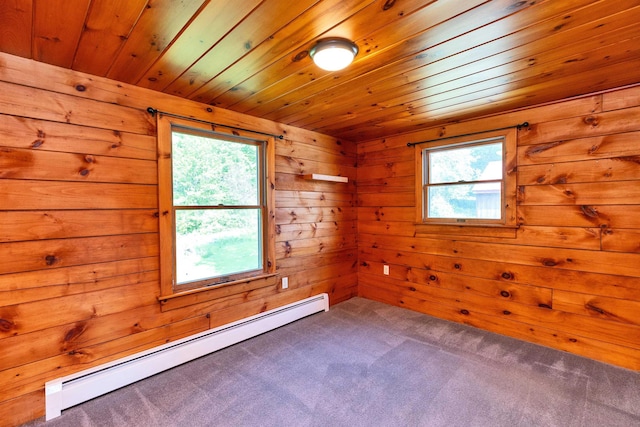 201 Deering Center Rd, Deering, NH 03244 - carpeted empty room with a baseboard radiator, wooden ceiling, and wooden walls