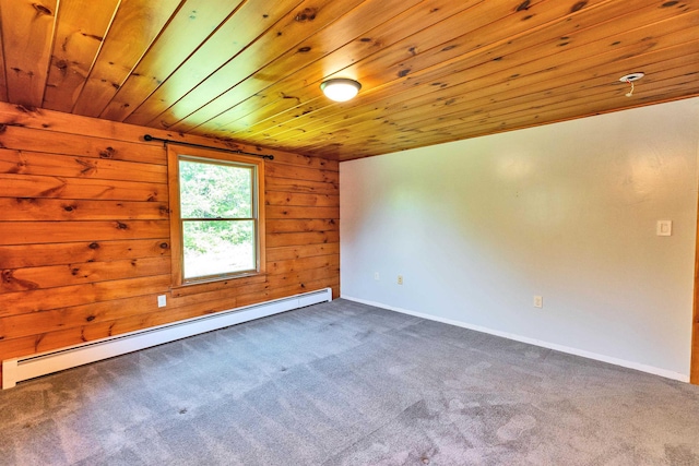 201 Deering Center Rd, Deering, NH 03244 - carpeted spare room with a baseboard heating unit, wood ceiling, wooden walls, and baseboards
