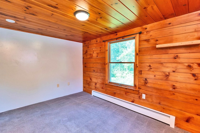201 Deering Center Rd, Deering, NH 03244 - empty room featuring a baseboard radiator, carpet, wooden ceiling, and wood walls