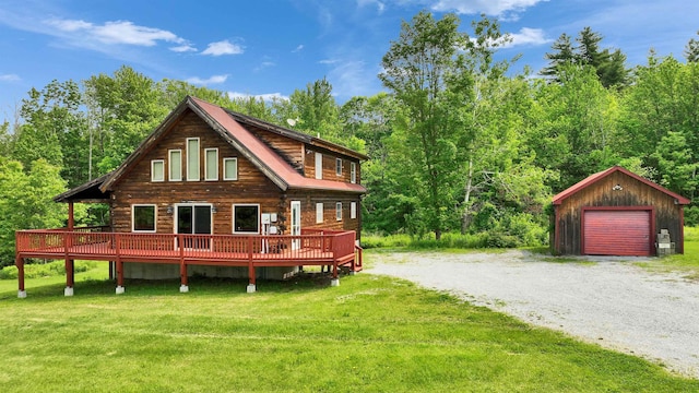 201 Deering Center Rd, Deering, NH 03244 - rear view of house with a deck, driveway, a lawn, an outbuilding, and a garage