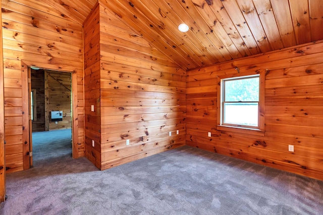 201 Deering Center Rd, Deering, NH 03244 - empty room featuring carpet flooring, wooden walls, wooden ceiling, and vaulted ceiling