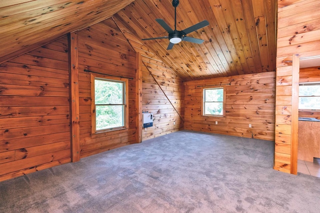201 Deering Center Rd, Deering, NH 03244 - additional living space with vaulted ceiling, healthy amount of natural light, wood walls, a ceiling fan, and carpet floors