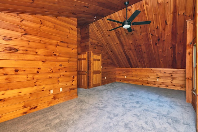 201 Deering Center Rd, Deering, NH 03244 - bonus room featuring wood ceiling, vaulted ceiling, wooden walls, carpet, and a ceiling fan