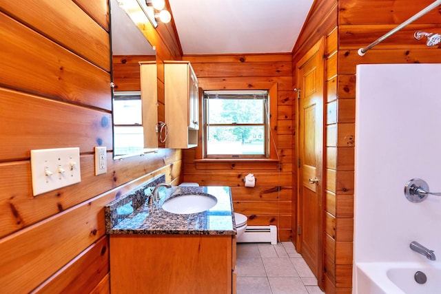 201 Deering Center Rd, Deering, NH 03244 - full bathroom with a baseboard heating unit, vanity, wooden walls, toilet, and shower / bathtub combination