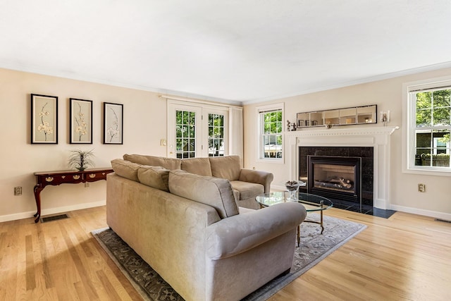 4 Edith Ave, Nashua, NH 03064 - living area featuring ornamental molding, light wood finished floors, a premium fireplace, and baseboards