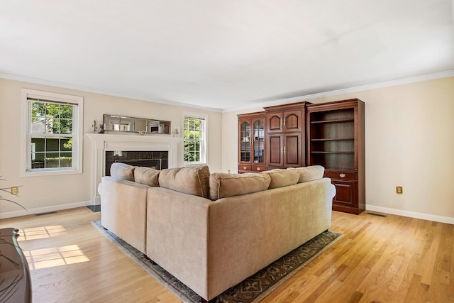 4 Edith Ave, Nashua, NH 03064 - living room featuring crown molding, light wood-style flooring, baseboards, and a fireplace